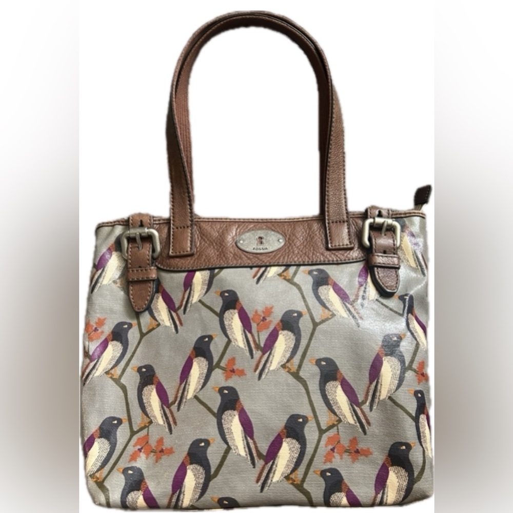 Fossil Key-Per Coated Canvas Vintage Bird Tote Shoulder Bag Leather Trim